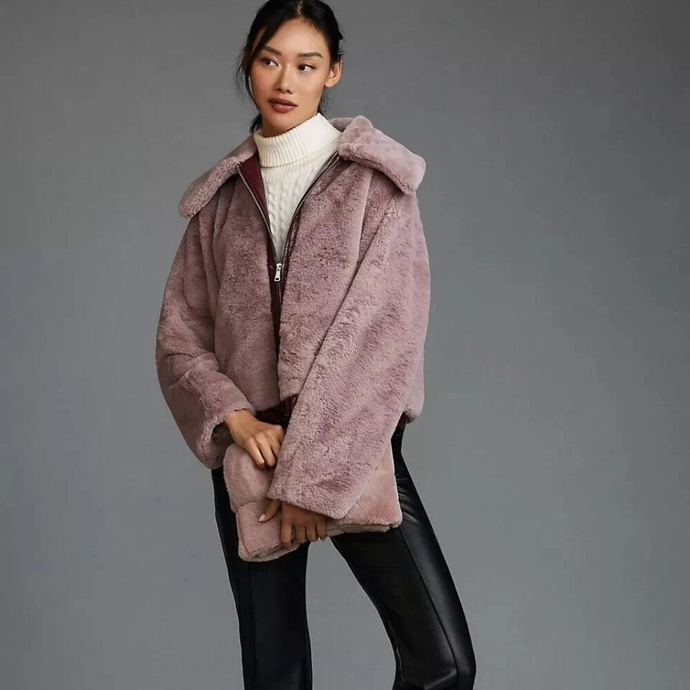 Anthropologie Maeve Purple Faux Fur Jacket Faux Leather Trim Fuzzy Cozy Teddy